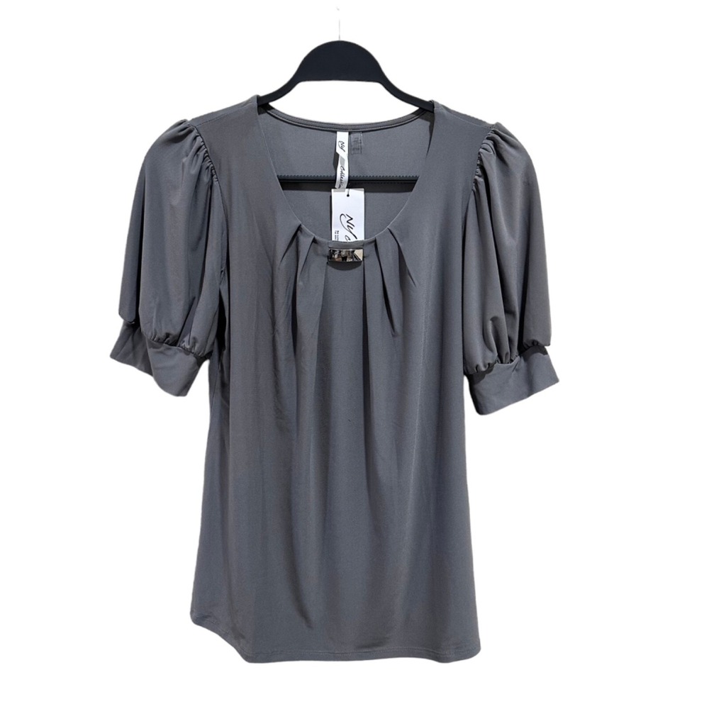 NY Collection Womens Petite Small Charcoal Gray Balloon Sleeve Pleated Neck Top